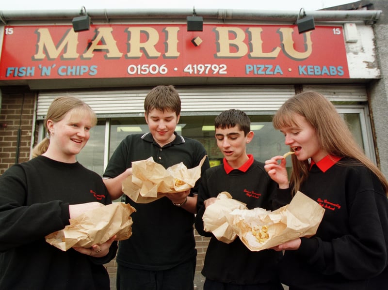 _Pupils from Deans Community High School pictured outside Mari Blu takeaway in 1998. They were taking part in the Global Investment Challenge. Pictured from left to right are Kelly Archibald, Ian Smith, ALan McCrimmon and Laura Smith.