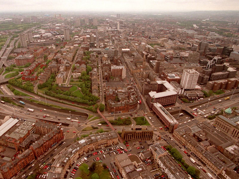 A bird's eye view of the M8 motorway winding its way through Charing Cross, Glasgow, in 1998