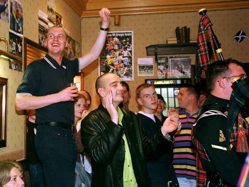 Fun times inside the Auld Hole In The Wall pub, in Linlithgow, in May 1998