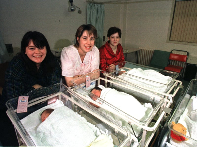 Kelly Daykin, with baby Charley; Susan Lindsay, with baby Aimee; and Lee-Ann Thomson, with baby Lee, all born at Edinburgh's Eastern General Hospital in January 1998