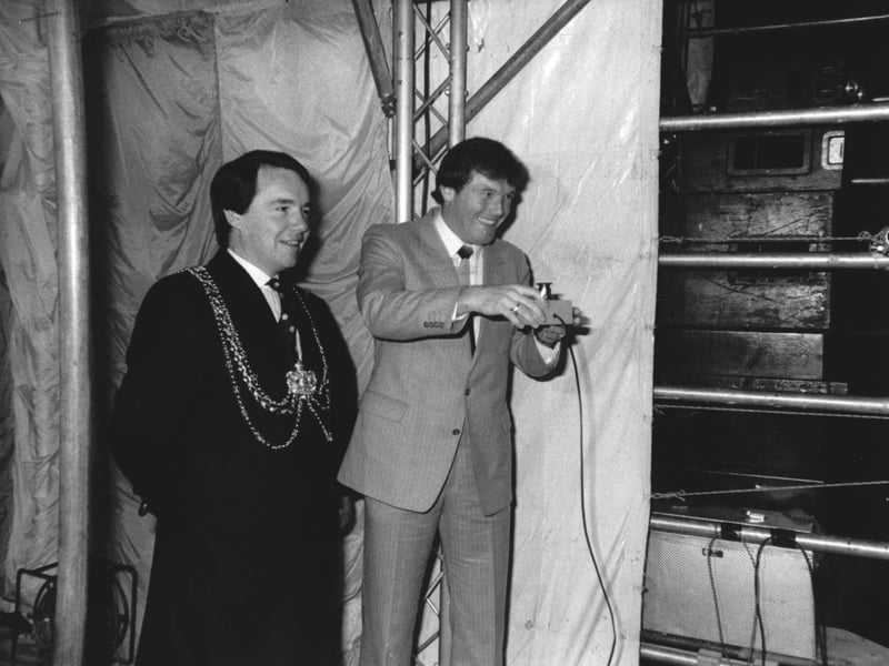 Leeds United manager Eddie Gray ready for the big lights switch on in December 1983 with the Lord Mayor of Leeds, Coun Martin Dodgson.