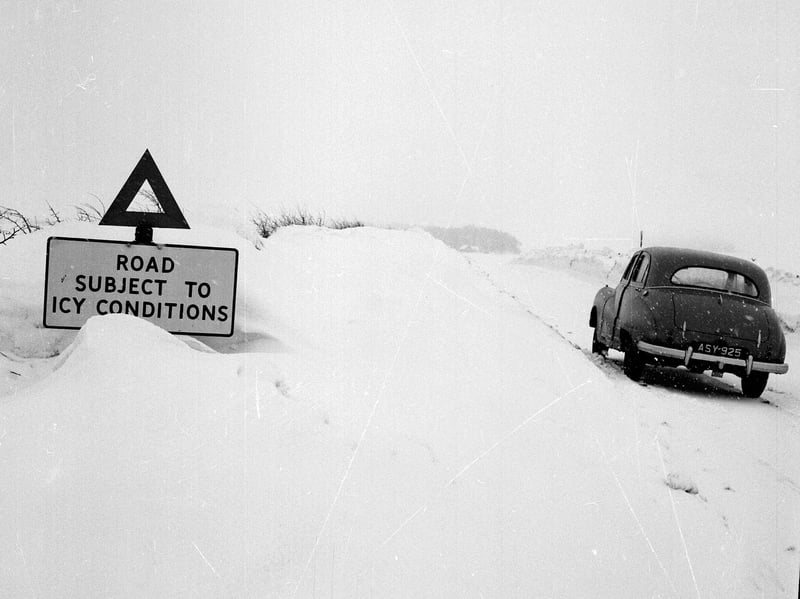 The Lauder Road, near Blackshiels in Midlothian, during heavy snow in February 1963