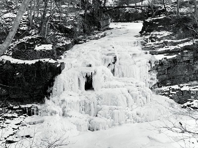 The Corra Linn Falls on the River Clyde near New Lanark frozen over in January 1963
