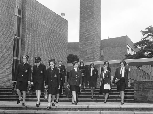 Pupils at James Gillespie's High School arrive to start the term at their new building in Bruntsfield House in August 1966.