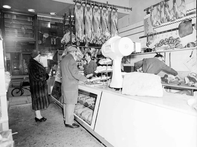 The interior of the Charles MacSween butchers shop at  126 Bruntsfield Place in March 1960.