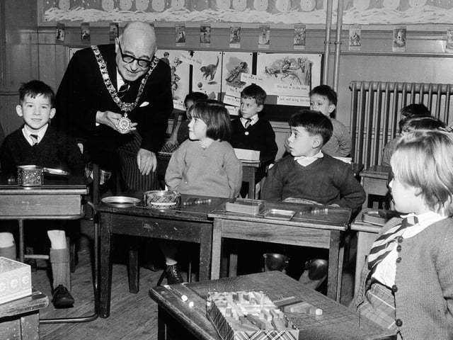 Lord Provost Duncan Weatherstone visits his fomer primary school in Bruntsfield in January 1964.