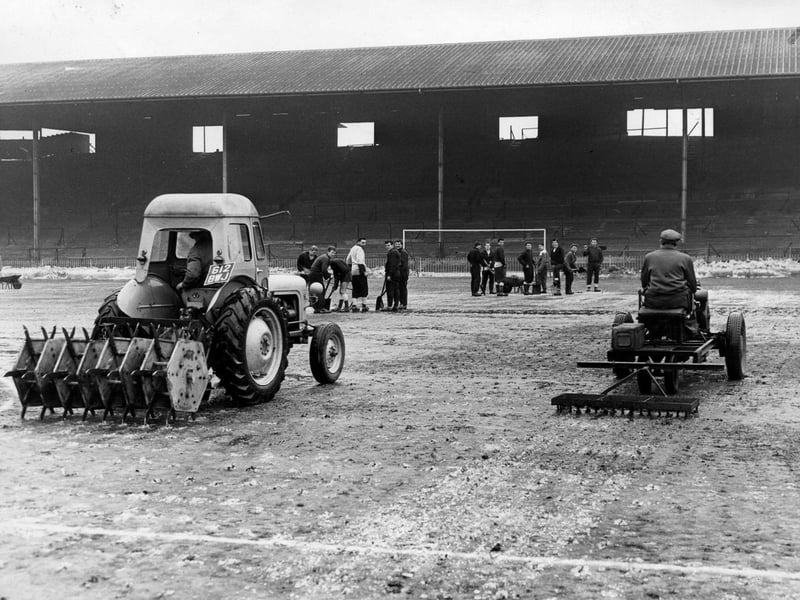 Clearing the snow at Sheffield United's Bramall Lane stadium in February 1963