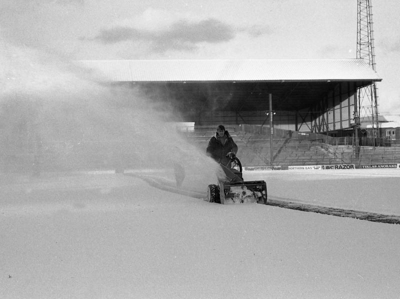 A snow blower at Sunderland's Roker Park football ground in January 1982