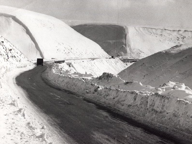Snow piled high on the Snake Pass, Derbyshire, in February 1963