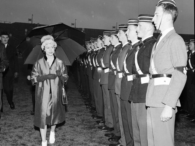 Princess Margaret and Earl of Snowdon inspecting Boys Brigade members at Ibrox in May 1963.