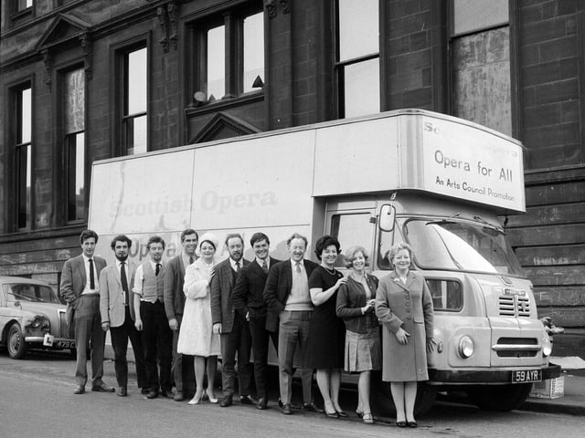 The Scottish Opera Company beside their van in Glasgow in September 1966.