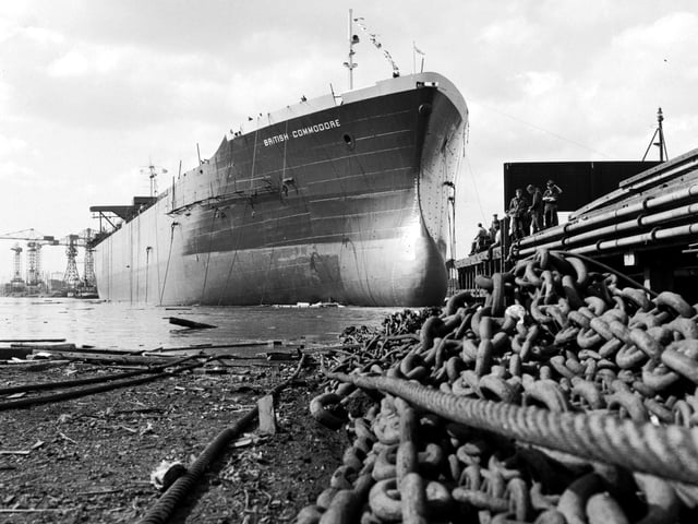 The British Commodore is launched from Fairfield's Shipyard at Govan in August 1966.