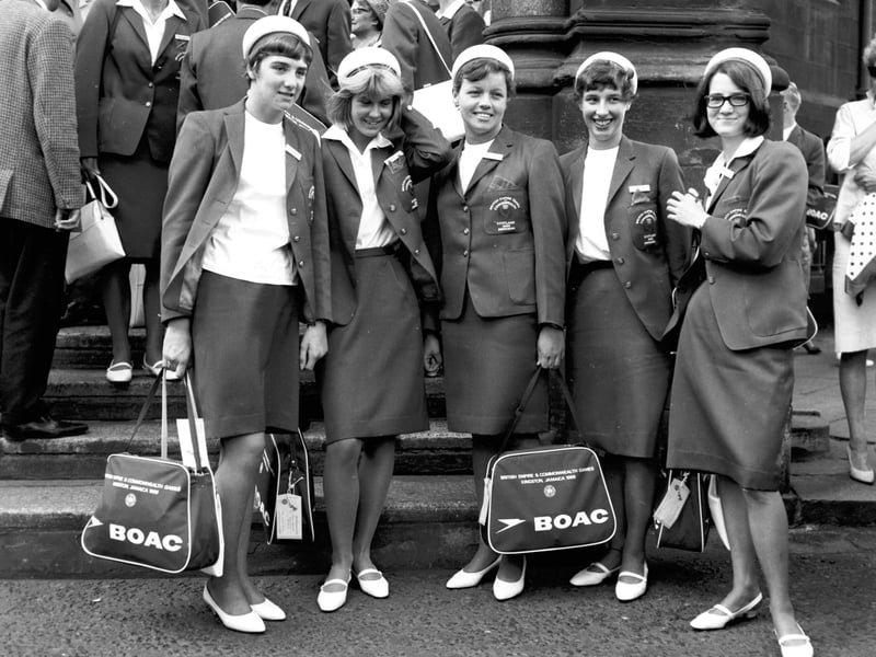 The Scottish swimming team leaves Glasgow to compete in the 1966 Commonwealth Games in Kingston, Jamaica, in July 1966.