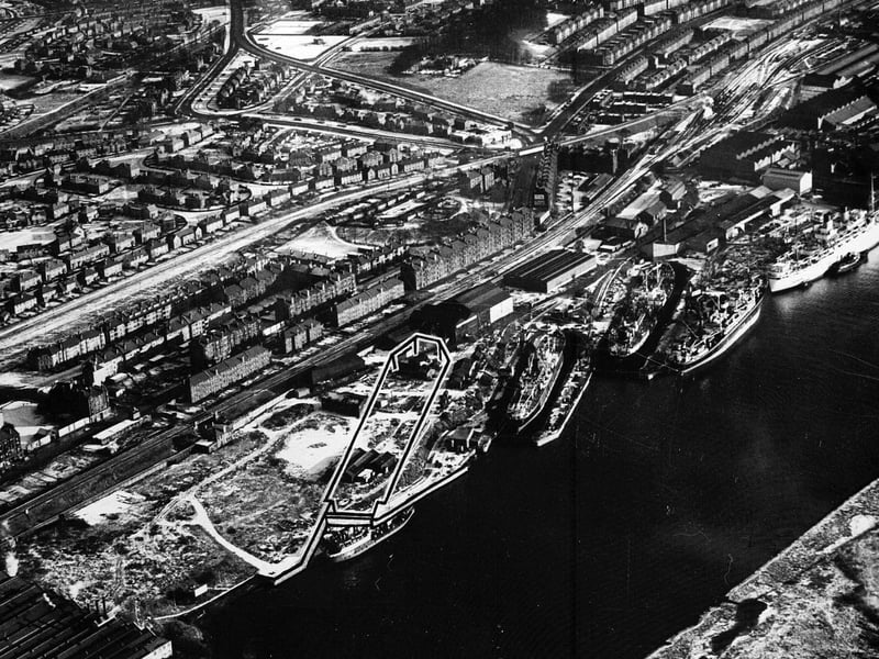 An aerial view of the new dry dock at Elderslie Docks in Glasgow in January 1960.