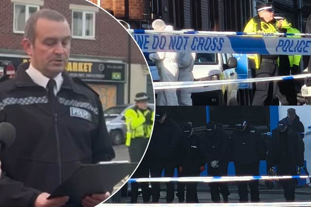 Sheffield Superintendent Martin Simcock (pictured inset) spoke to the media from the scene of the shooting a few moments ago, a short time after officers arrested a 15-year-old boy in connection with the incident.