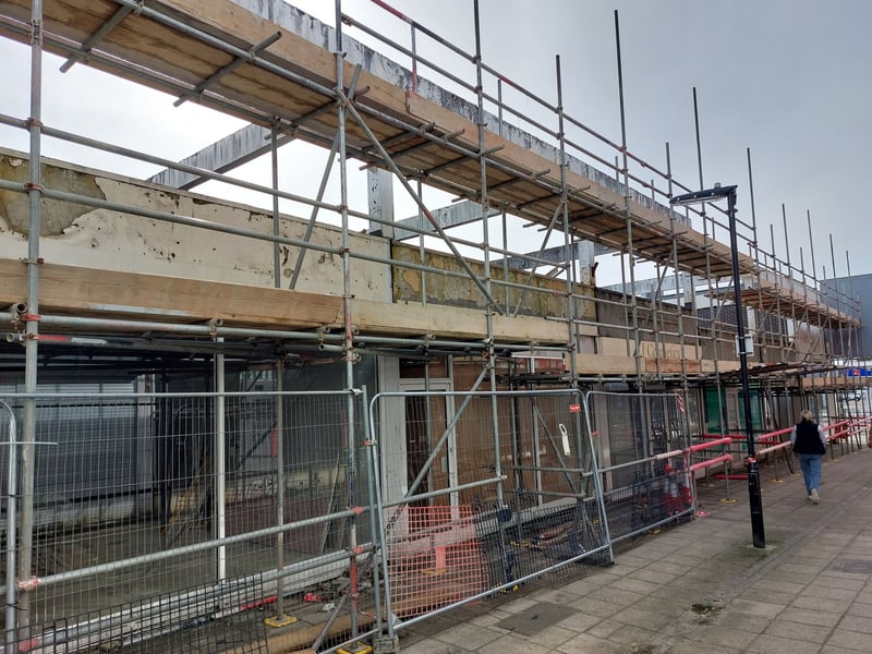 In February 2025 scaffolding went up on the next section of Wellington Way.