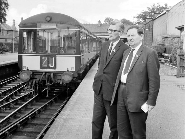 Councillors James Cook and Philip Wood at Corstorphine Station in in June 1966.