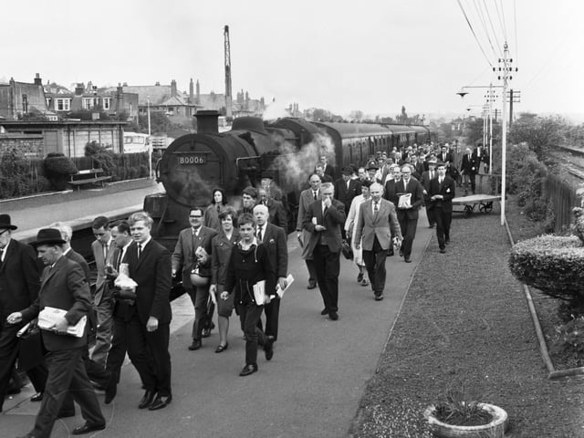 Passengers get off the train at Corstorphine Station in Edinburgh, June 1966.