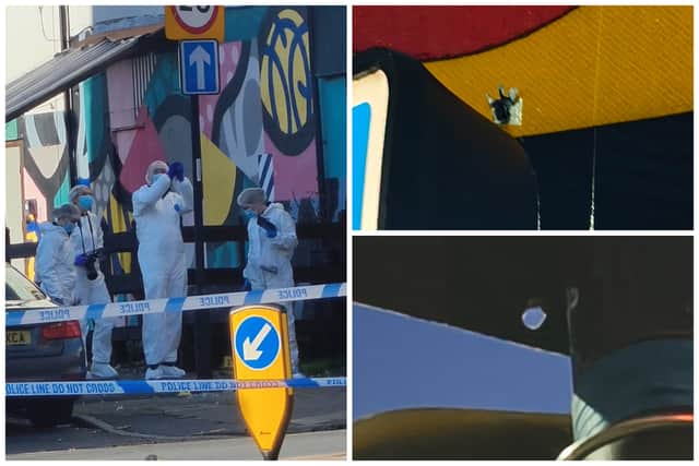 A street sign at the entrance of Ward Place, by the junction of London Road and Abbeydale Road, Sheffield, was marked by a bullet hole following the shooting of a 16-year-old boy.