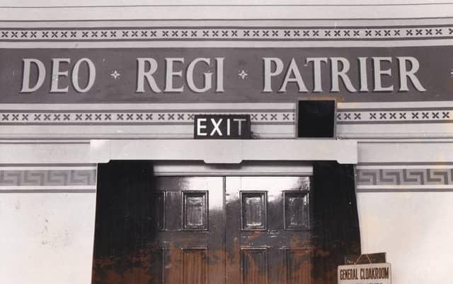 The misspelt sign in Latin in the refurbished Leeds Town Hall in May 1979.