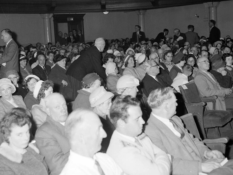 Audience members watch American Evangelist Tommy Osborn in Central Hall, Tollcross, in September 1963.