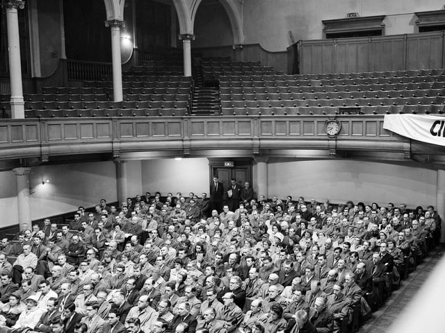 Civil Servants from St Andrews House attend a protest meeting in Central Hall, Tollcross, following a pay 'pause' in October 1961.