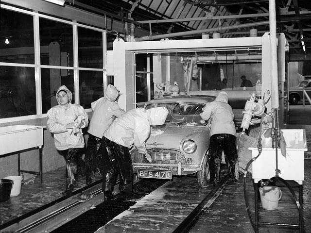 A car wash and valet service at Gilmore Place, Tollcross, in November 1964.