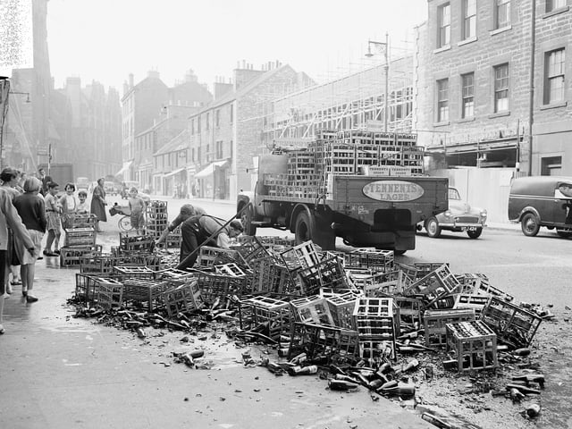 A lorry accident at Leven  Street, in Tollcross, that saw crates of Tennent's Lager crash onto the road.