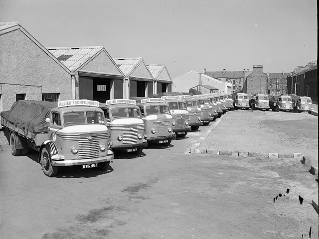 A row of Allied Ironfounders lorries lined up at Ross and Sons in  Tollcross in May 1959.