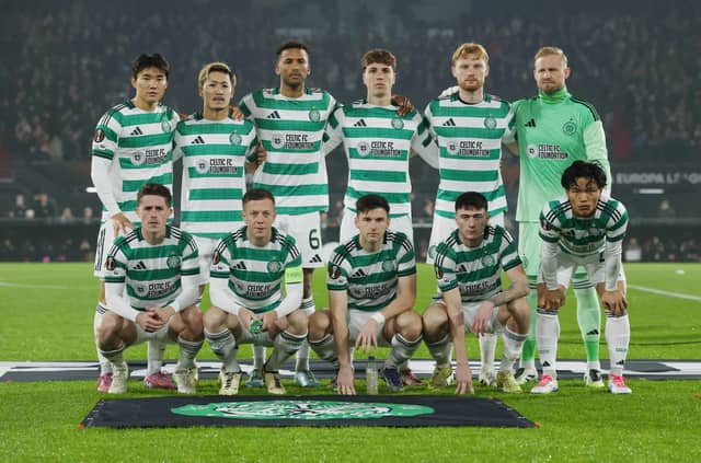 Celtic players line-up for a team photograph ahead of the Europa League match against Feyenoord at De Kuip. (Photo by Dean Mouhtaropoulos/Getty Images)