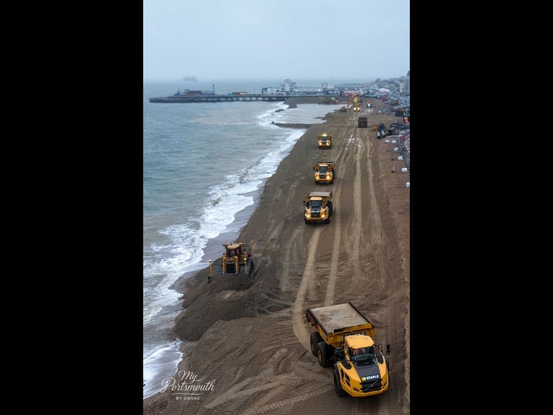 Re-shingling work well underway at Southsea Beach as part of the sea defence works