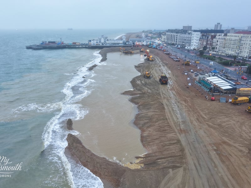 Re-shingling work well underway at Southsea Beach as part of the sea defence works