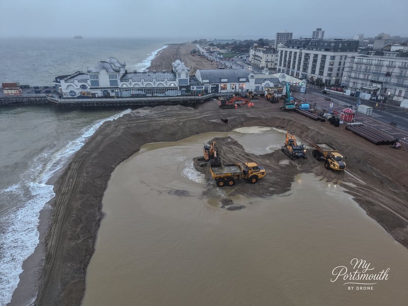 Re-shingling work well underway at Southsea Beach as part of the sea defence works