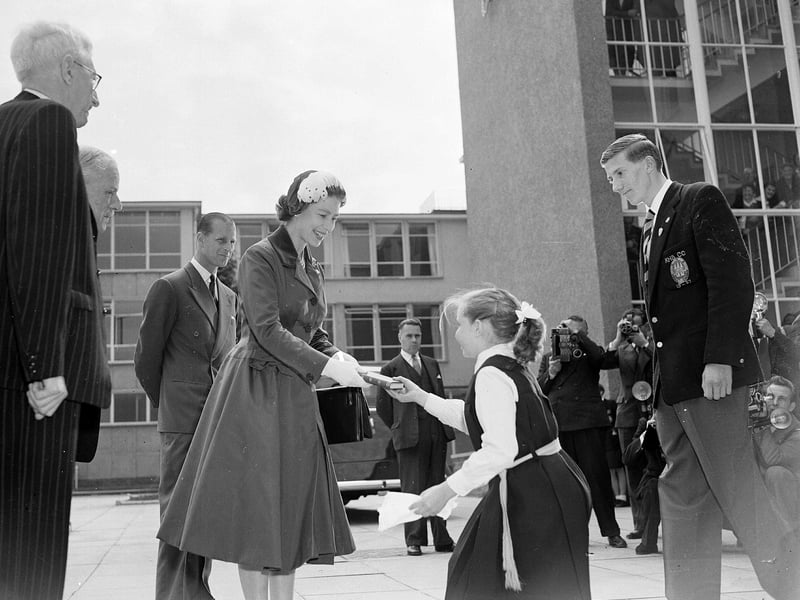 Queen Elizabeth II visiting Kirkcaldy High School in June 1958.
