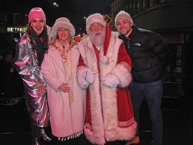 Danny Mylo and Rosie Madison of Radio 1  with Coun Carol Edwards, Mayor of Morley and Santa