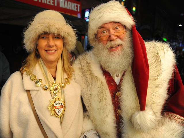 Father Christmas meets Morley mayor, Councillor Carol Edwards.