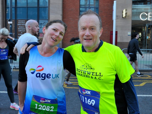Fiona Jerman of Age UK and Mike Tomlinson of Run For All at the finish.