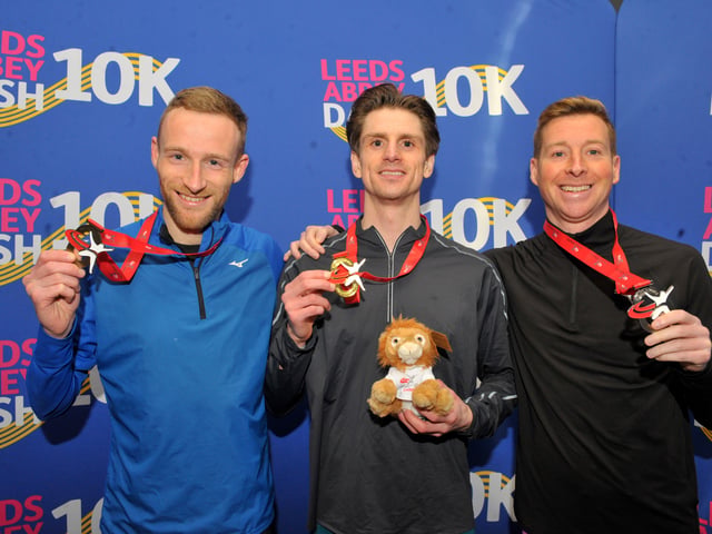 Mens winners: James McMurray,  of St.Albans, centre, first, Ollie Lockley, of Leeds AC, third left and Joshua Grace, second  right 