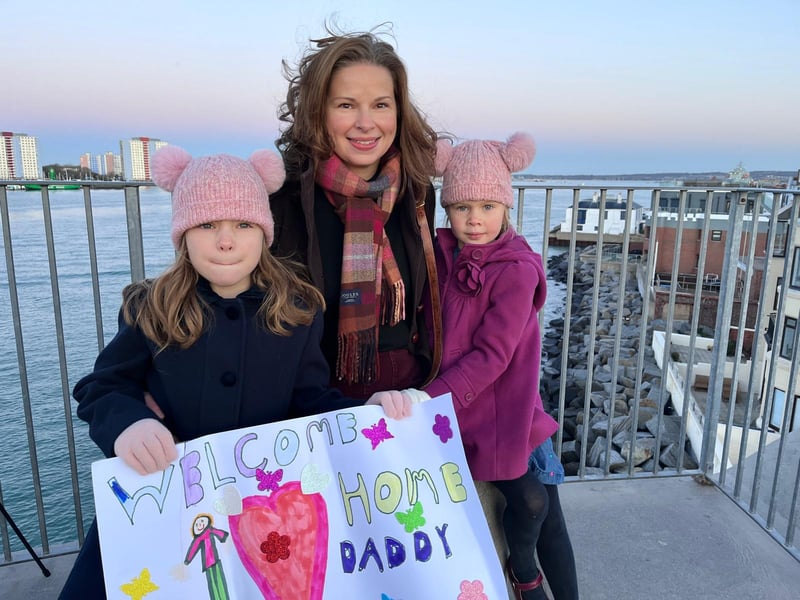 Anne-Marie Garvie and her daughters, Grace, 7, left, and Annabelle, 5, will be welcoming home the children’s daddy, on board HMS Dauntless