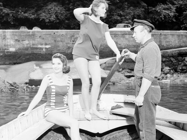 Models in bathing suits with Val Padura the Cramond ferry man in 1962.