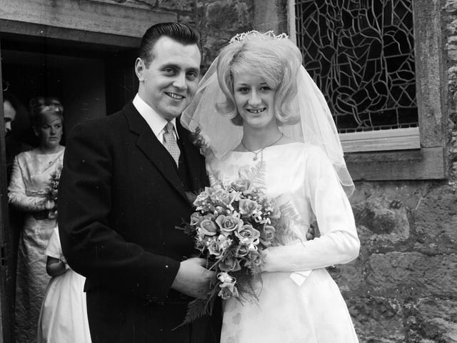 Fenwick Todd and Christina Summers after their wedding at Cramond Kirk in July 1965.