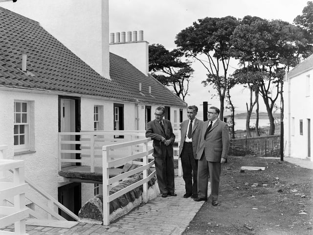  Newly reconstructed houses inspected by Councillor H Breeches, John Reid and Mr F Veitch in Cramond Village in September 1961.