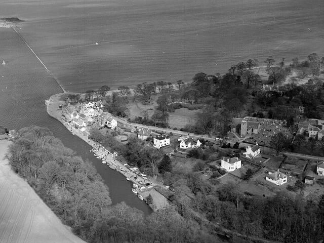 An aerial photo of Cramond from Cramond Kirk and River Almond  to the foreshore in April 1960.
