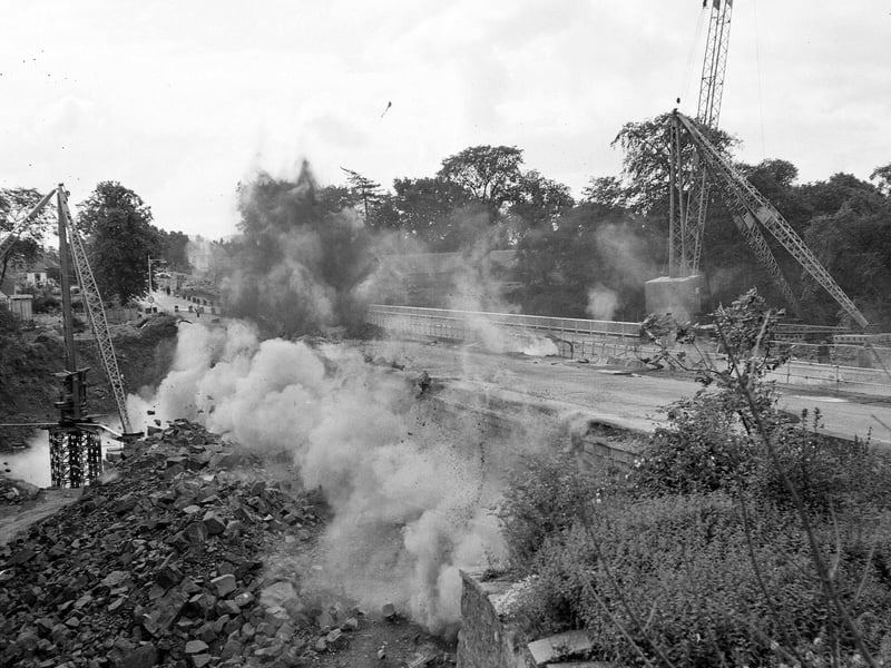 The demolition of Cramond Bridge in August 1963.