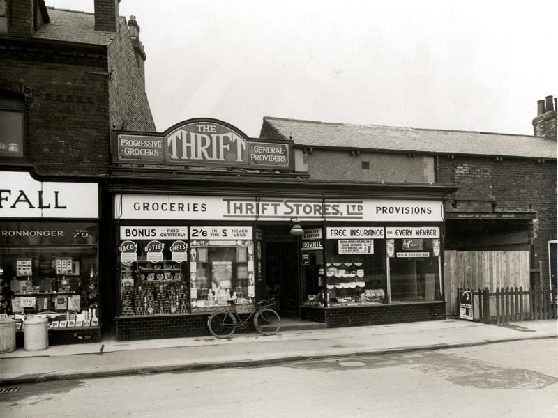 Thrift Stores, grocers chain, Cross Gates shop on Station Road. To the left, number 63 is Headley Horsfall, iron monger. Pictured in March 1936.
