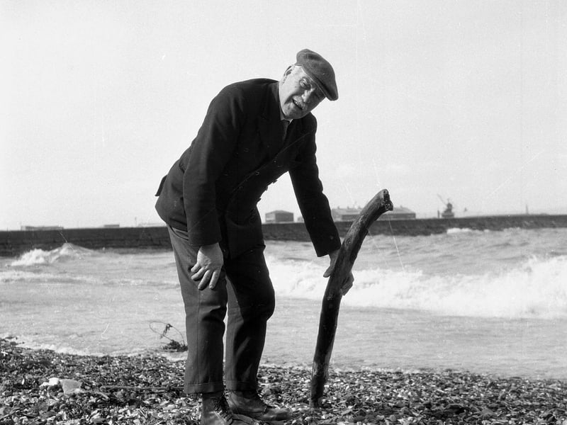 82-year-old Tom Johnston on the beach at Cramond gathering wood for old folk in April 1963.