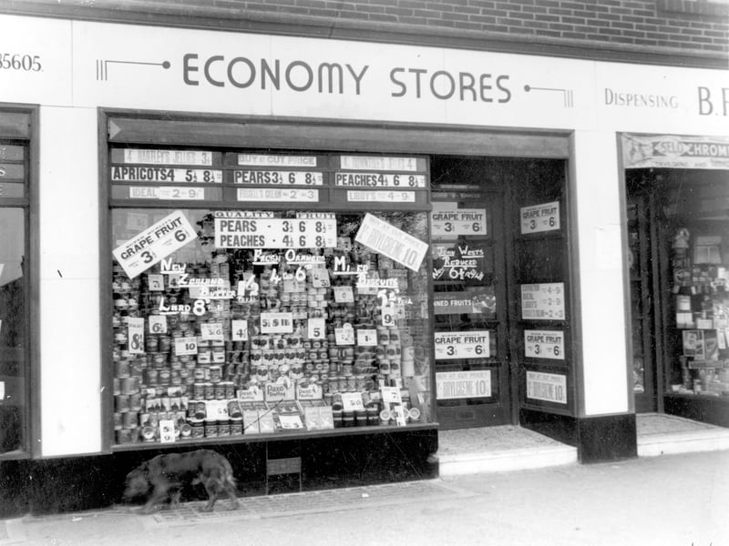 Economy Stores, business of grocer Alfred Beaumont at Terminus Parade on Station Road. The window has a full display of groceries, with special offer prices. Pictured in September 1937.