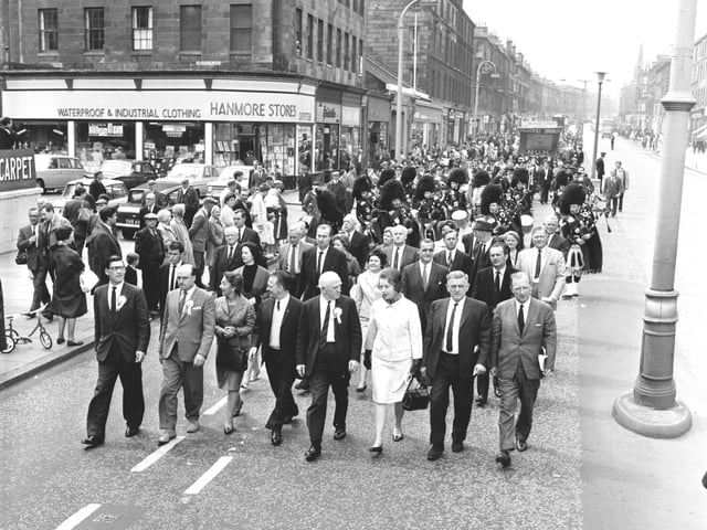 A Scottish Miners' Gala Day march down Leith Walk, led by Alex Moffat and NUM leader Mick McGahey, in June 1966.