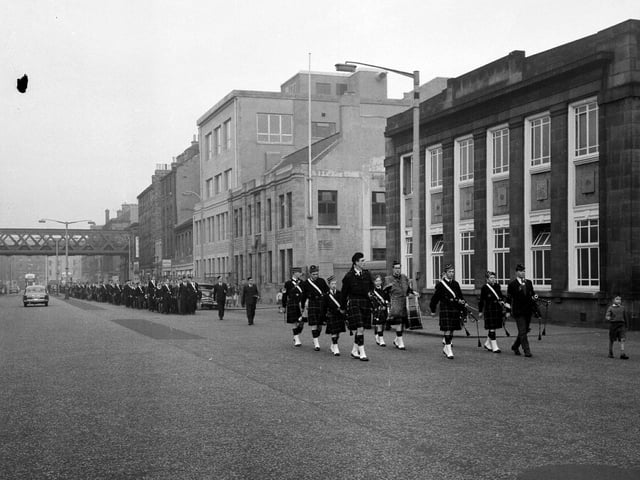 The Leith Battalion Boys Brigade parade down Leith Walk in November 1962.