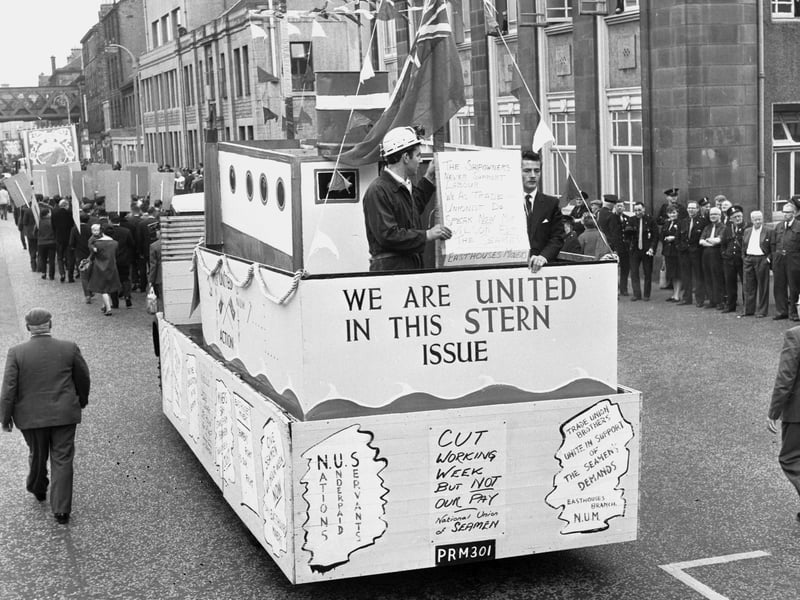 Miners on a NUM float from Easthouses show their solidarity with the National Union of Seamen in the Scottish Miners' Gala Day march down Leith Walk on their way to Leith Links in June 1966.